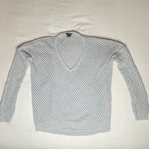 Theory Light Blue / Grey Open-Knit V-Neck Sweater | 100% Cotton | Size Medium - Picture 3 of 7
